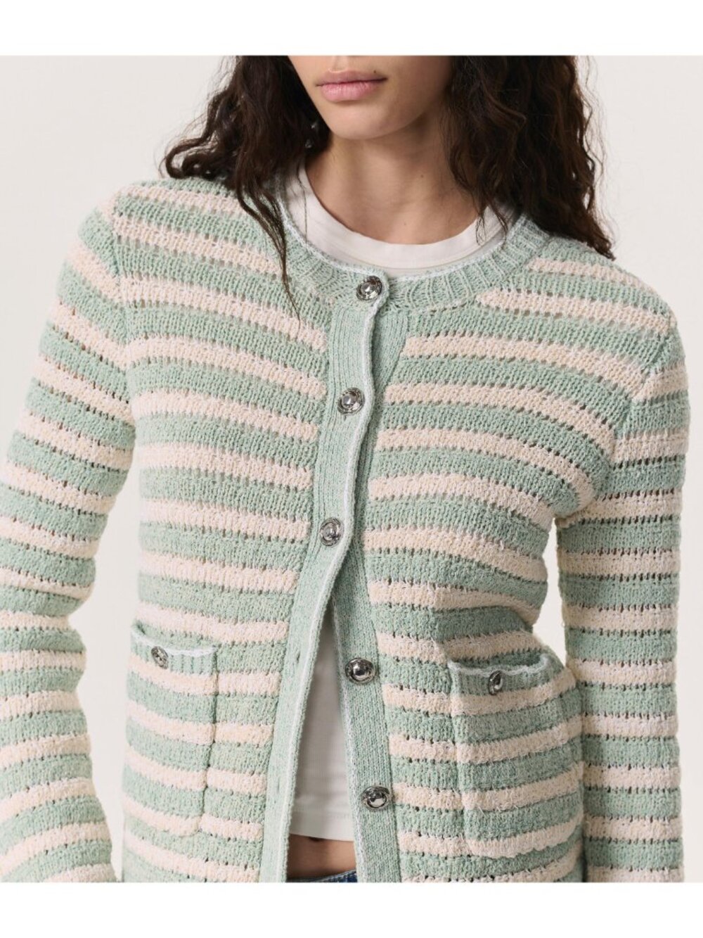 New Rag & Bone Jace Striped Cotton Lady Cardigan Green Cream M $398 - Picture 2 of 8
